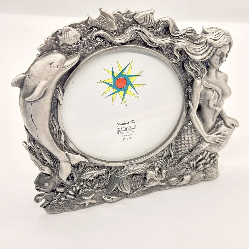 Vintage Cast Pewter Mermaid Dolphin Ocean Picture Frame 3x3 Coastal Beach Decor